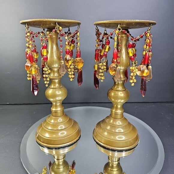 Vintage Samaco Candle Holders Pillar With Beaded Dangles 9.5in Tall 4.5in Wide - Picture 11 of 12